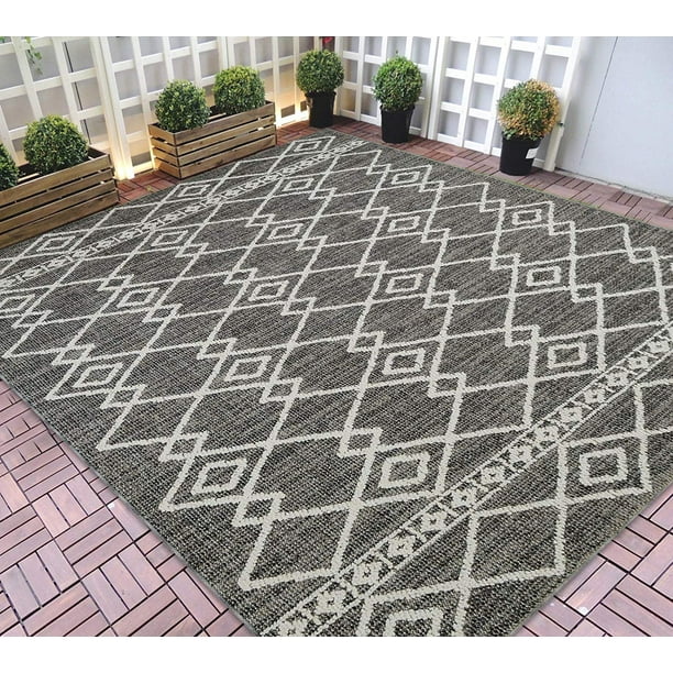 HRIndoor/Outdoor Area Rugs 8x10 Diamond Pattern Gray Outdoor Carpet