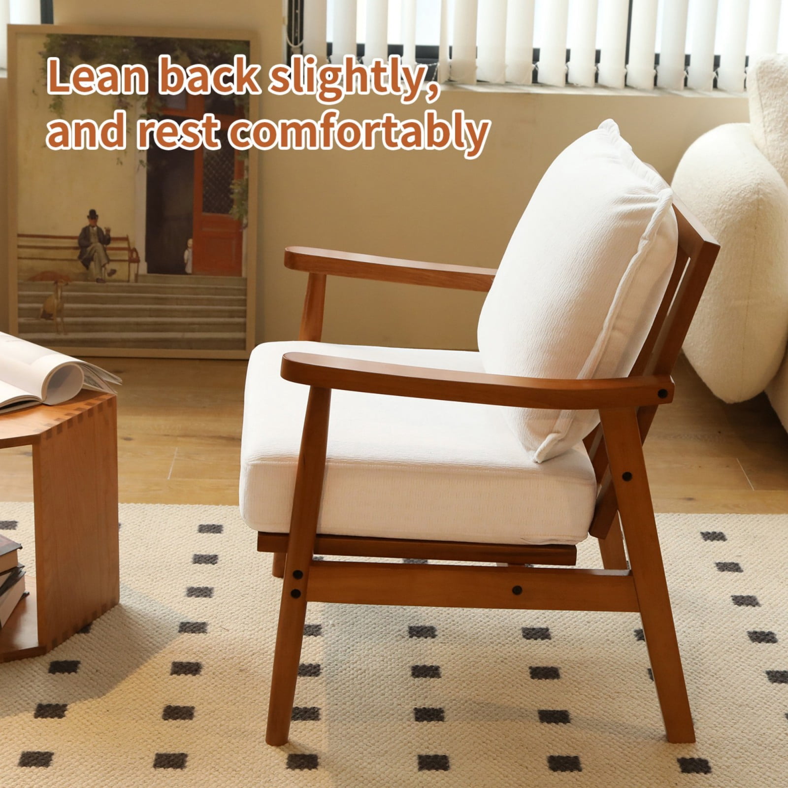 Cute Accent Chair Solid Wood Frame Living Room Chair with Soft Fabric Cushion Comfy Armchair Reading Chair for Bedroom Apartment Balcony Waiting Room, White
