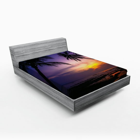 Sunset Fitted Sheet, Exotic Landscape Photo of Tropical Tall Palm Tree Silhouette and Ocean at Dawn, Soft Decorative Fabric Bedding, Full Size, Multicolor, by Ambesonne