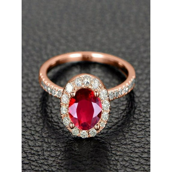 Limited Time Sale: 1.50 Carat Red Ruby and Diamond Halo Engagement Ring in 10k Rose Gold for Women on Sale