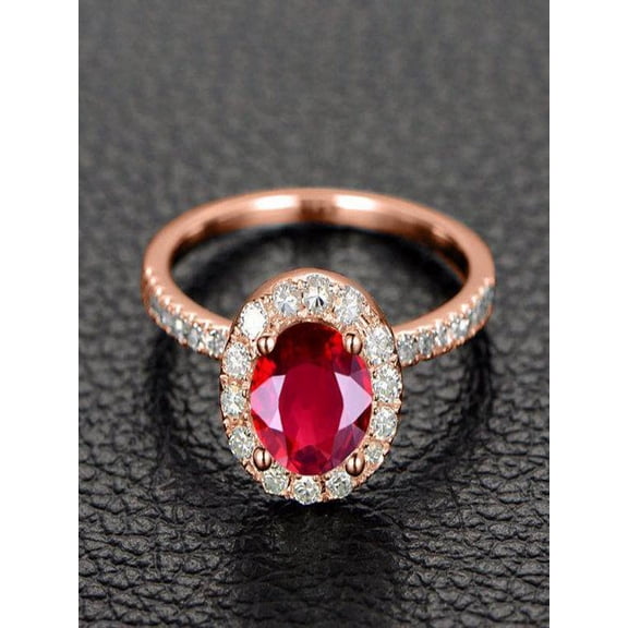 Limited Time Sale: 1.50 Carat Red Ruby and Diamond Halo Engagement Ring in 10k Rose Gold for Women on Sale