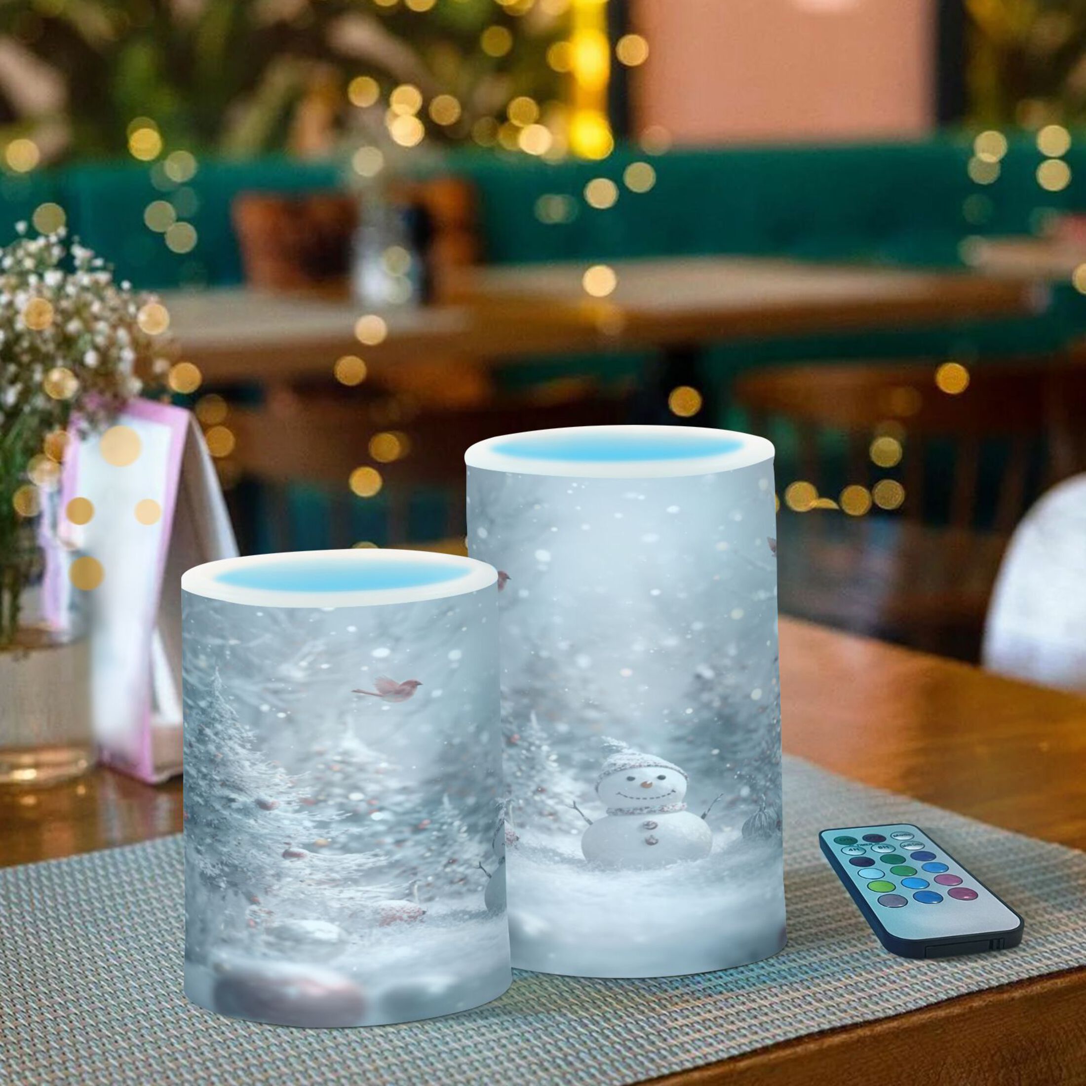 Set of 2 Flameless Candles Lights with Remote Control Flickering LED Candles Electric Candles for Home Decor Parties Snowy Winter Landscape
