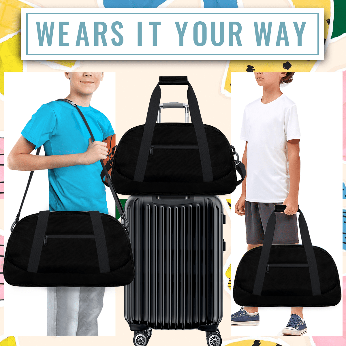 Herdesigns Black Sports Duffle Bag for Women & Men, Gym Bag Dance Bag Overnight Bag Carry On Weekender Travel Bag