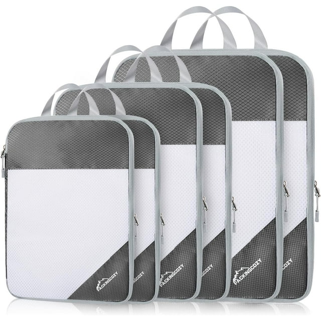 GFDYREE Compression Packing Cubes for Travel, 6 Set Compression Packing Cubes Travel Essentials, Compressible Travel Packing Cubes Organizers for Carry On Luggage, Light Grey