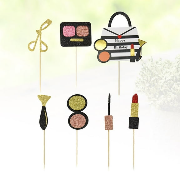 OUNONA 28pcs Birthday Party Cake Toppers Glitter Lipstick Cupcake Insert Creative Paper Cosmetic Bag Design Cake Decorating Fruit Picks Party Favors(7pcs Different Pattern in 1 Set)