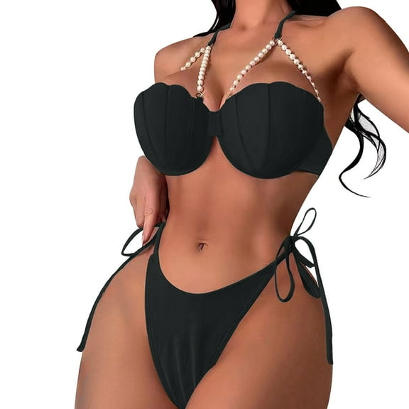 MSJUHEG Sporty Bikini Sets for Women,Spaghetti Straps,Bikinis Set,Bathing Suits,Bathing Suit for Women,Tummy Control Bikini for Women,Tie Back Bathing Suit Black XL