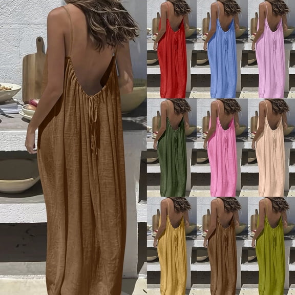 Backless Cami Dresses for Women Housedress Casual Flowy Maxi Dress Sleeveless Solid Open Back Sundress Big and Tall Size S-5XL Yellow