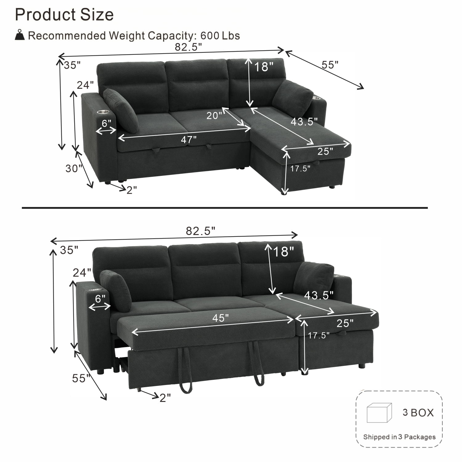 Leumius 82.5" Sectional Sofa with Pull-Out Bed,L-Shaped Sofa with Storage Chaise, Cup Holders and 2 Pillows,Dark Gray