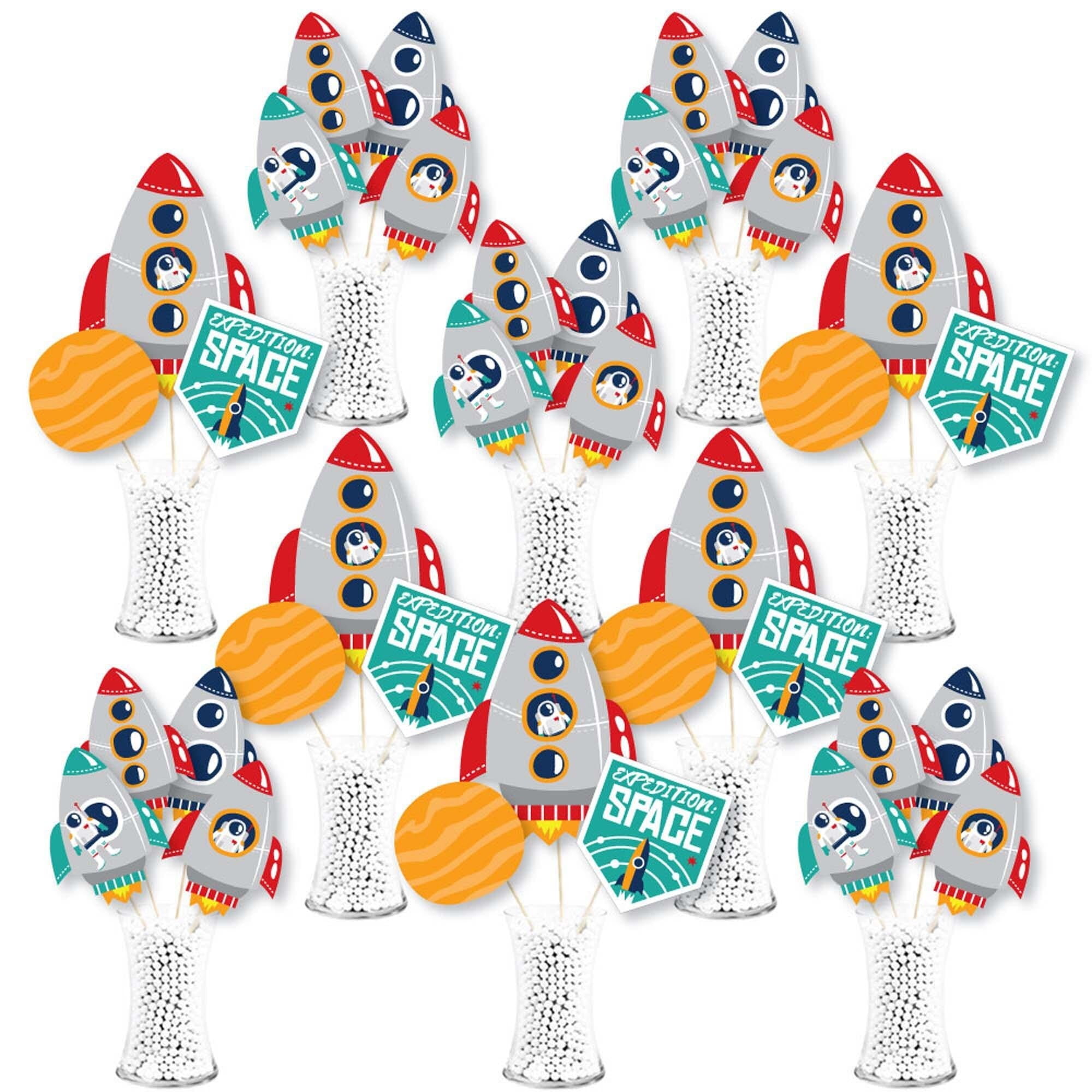 Big Dot of Happiness Blast Off to Outer Space - Rocket Ship Baby Shower or Birthday Party Centerpiece Sticks - Showstopper Table Toppers - 35 Pieces