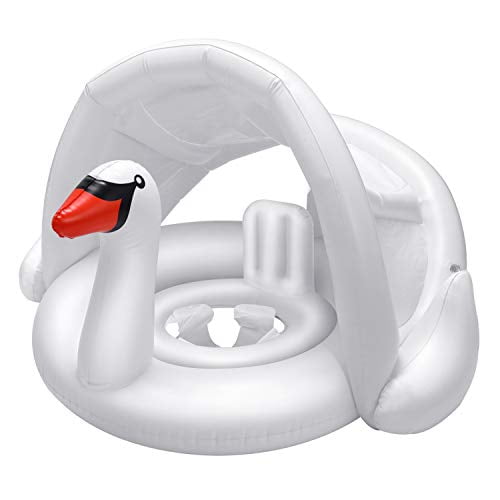 Baby Pool Float with Canopy Swan Inflatable Floatie with Sunshade Swan Swimming Ring for Infant