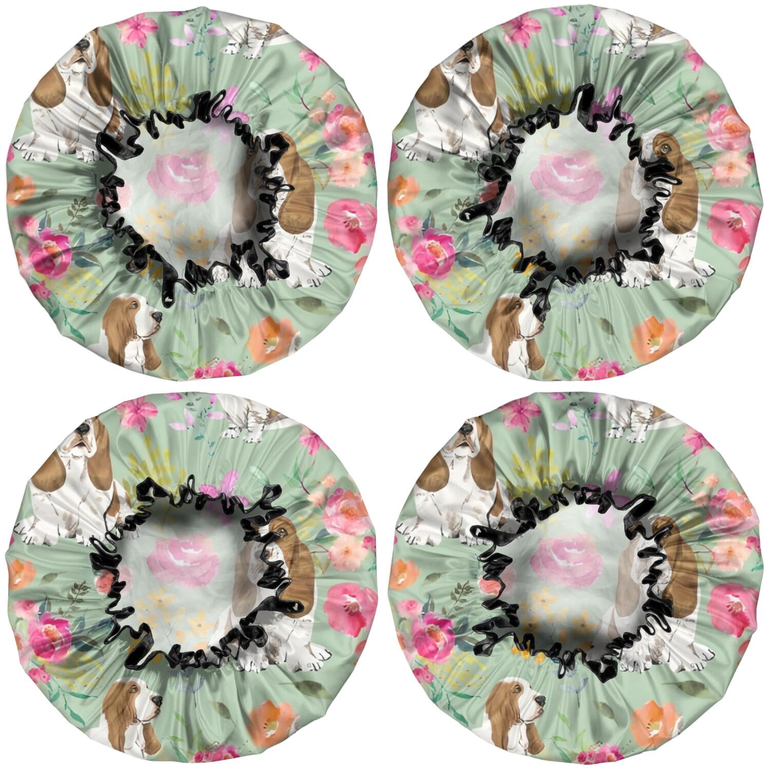 Shower Caps,Basset Hound and Pioneer Flower Waterproof Shower Cap for Women 4 Pieces,Double Reusable Hair Cover for Shower PEVA Elastic Stretch Hem
