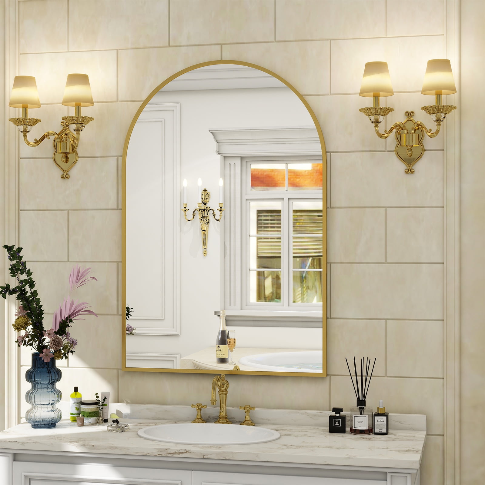 BEAUTYPEAK 20"x 30" Bathroom Mirror Wall Vanity Arched Mirror, Gold, Crown Shape
