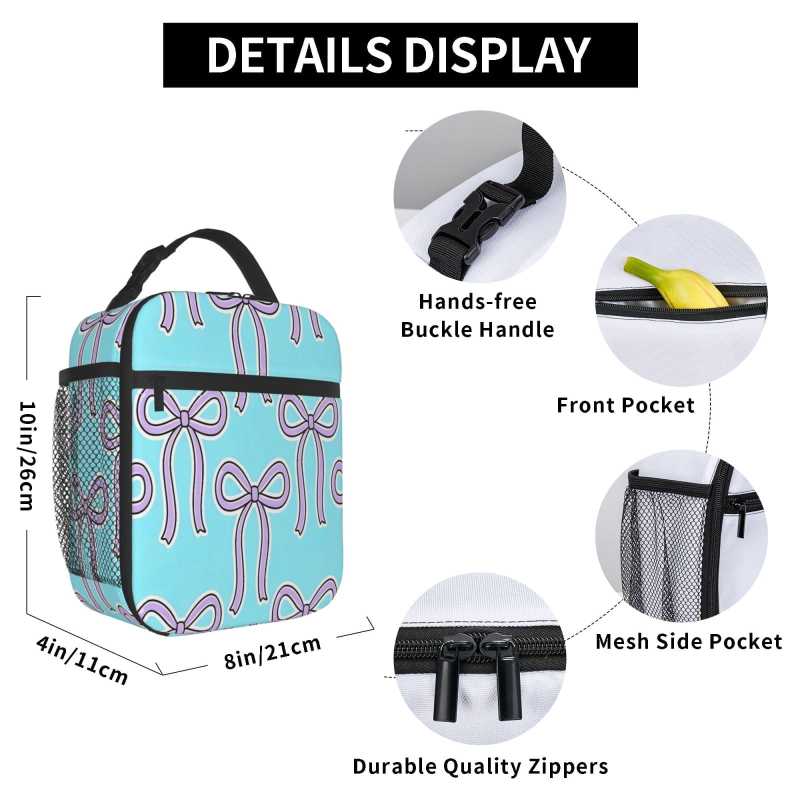 Lunch Bag For Women Men Insulated Portable Lunch Box Bento Box Office Picnic Travel Cooler Bag Purple Bow On Blue Background