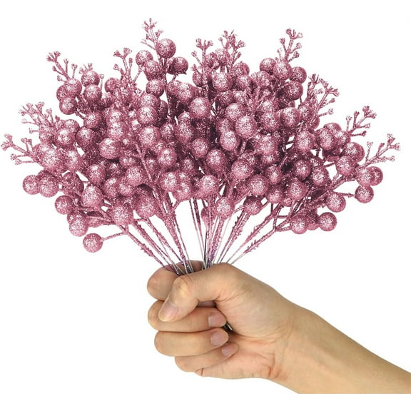 20Pcs Artificial Pink Berry Branches,9.06In Christmas Glitter Berries Stems,Decorative Berries Sticks,Christmas Artificial Glitter Berry Stems for Christmas Tree Ornaments