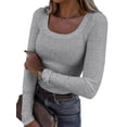 thumbnail image 2 of Aojekbee Women Long Sleeve T-Shirts Ribbed Solid Color Scoop Neck Casual Shirts Spring Fall Slim Fit Tops, 2 of 6