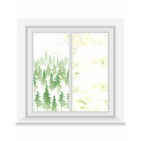 Window Privacy Film, Green Forest UV Sun Blocking Window Tint Film Heat Control One Way Blackout Window Film, Modern Abstract Silhouette Art Non Adhesive Static Cling Window Sticker 17.7x39.3 In
