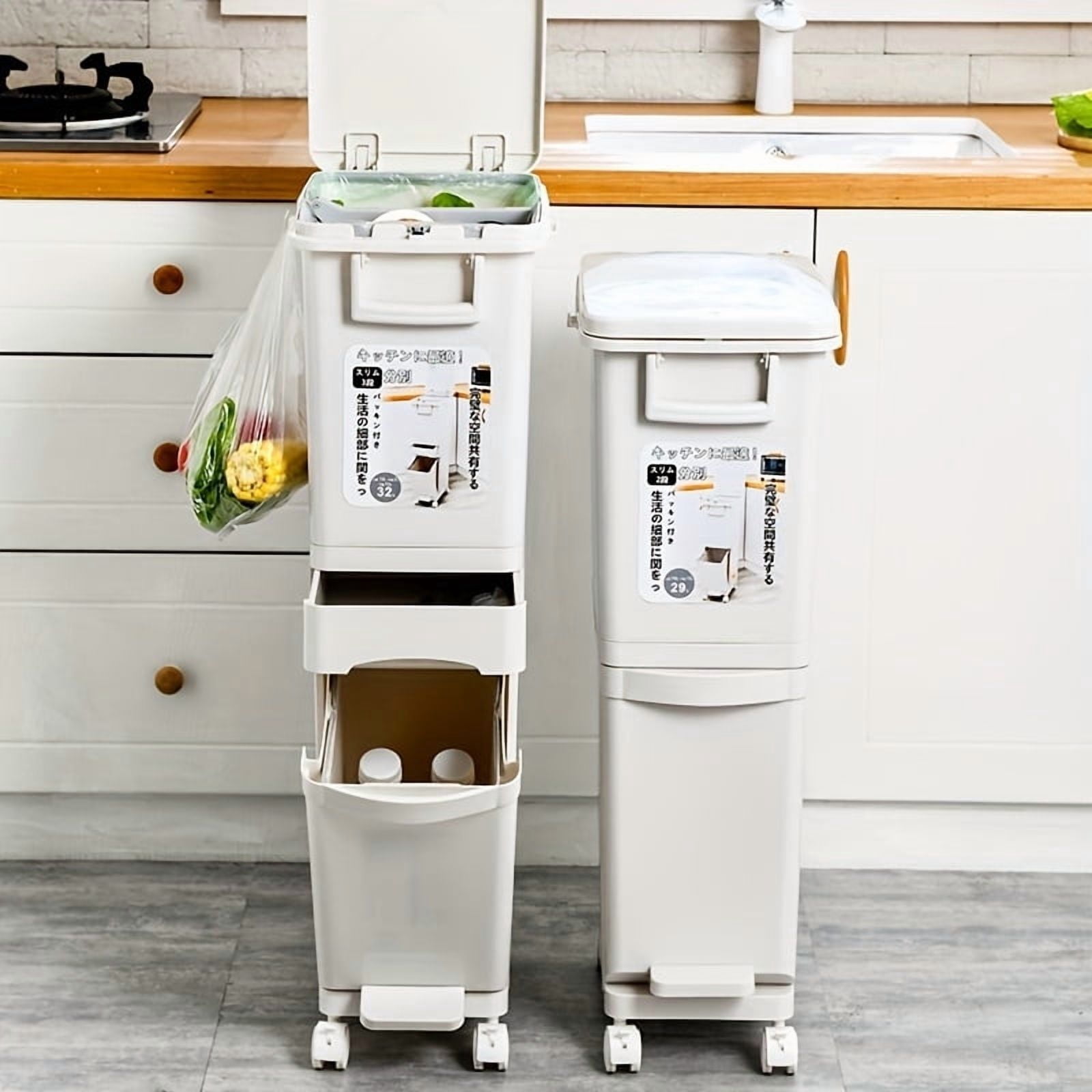Large Double-Layer Trash Can with Lid – Foot Pedal Garbage Bin for Kitchen, Dry & Wet Waste Separation, Durable Plastic Rubbish Bin for Home, Office, and Cleaning Supplies