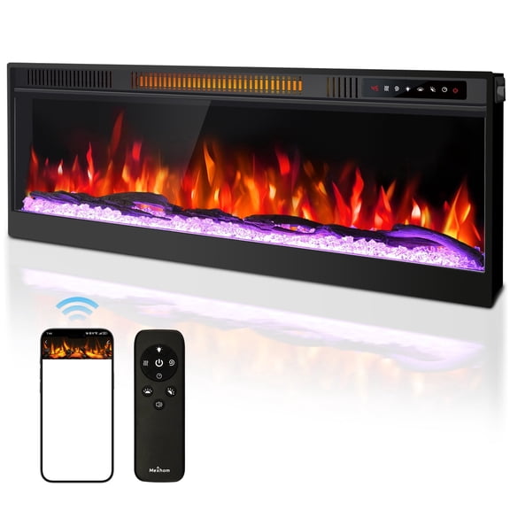 36" Ultra Thin Electric Fireplace - No Heater, Wall/Recessed Mount, 12 Multicolored Flames, Smart APP & Remote Control, Crystal/Driftwood Kits, Timer