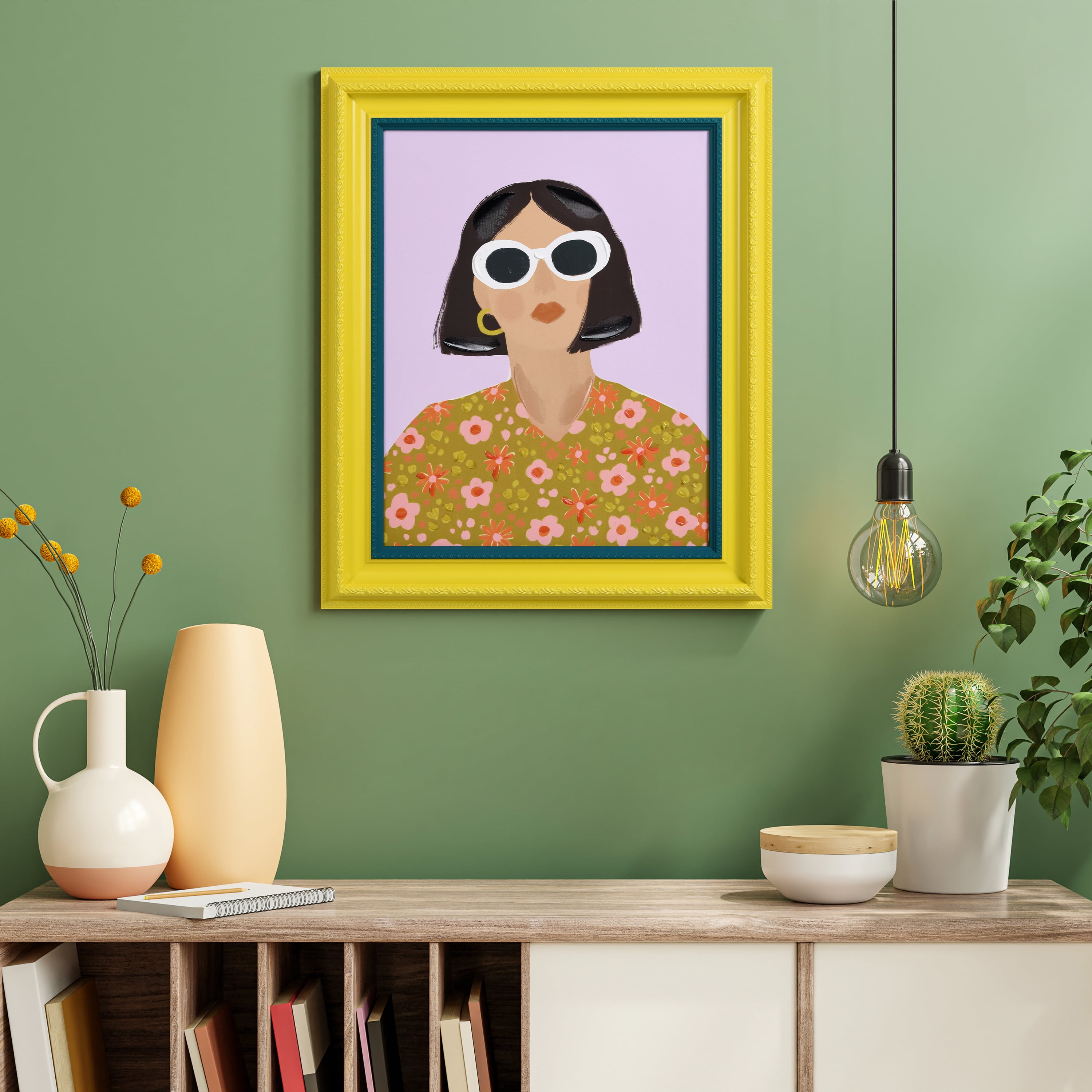 "Sunshine Chic" Chromatic Hand Painted Embellished Giclee Portrait Canvas Wall Art with Baroque Two-Tone Frame