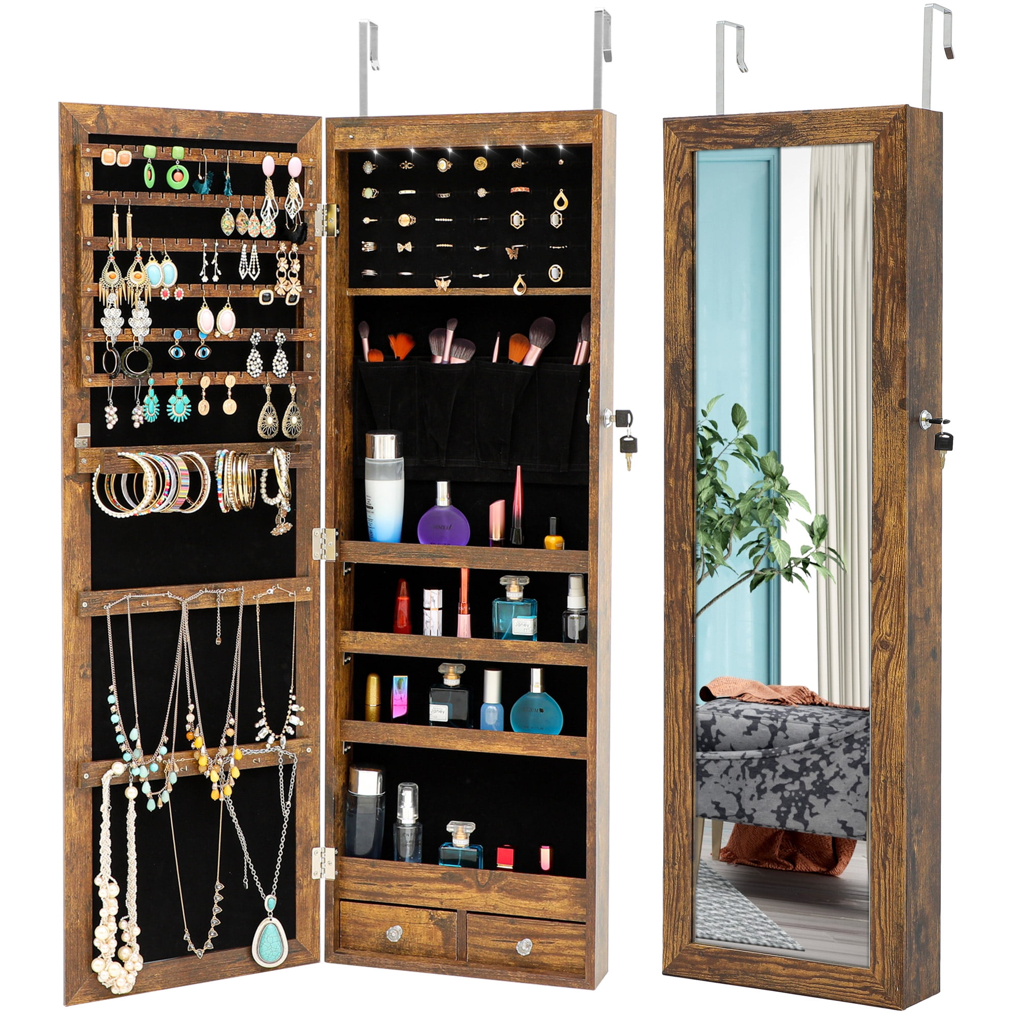 LED Jewelry Cabinet with Full Length Mirror Wall Mounted/Door Hanging Jewelry us 
