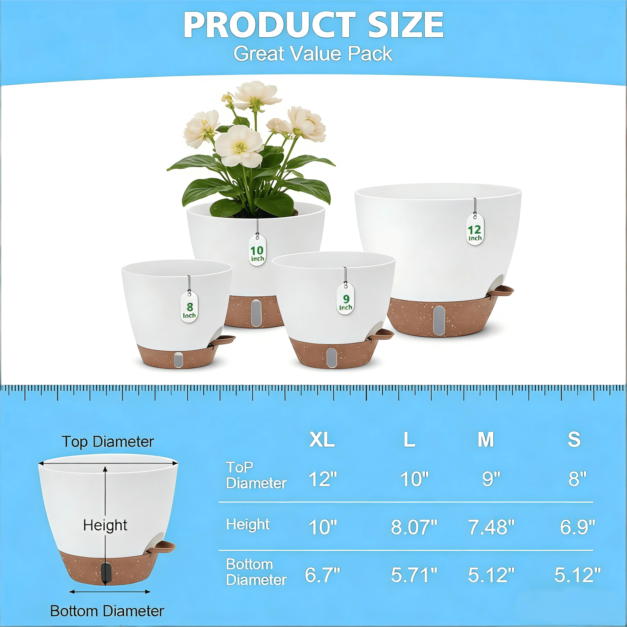 Lopxenu 12/10/9/8 Inch Self Watering Pots with Visual Water Window, Extra Large Self Watering Plant Pot with Drainage Holes and Saucers, Plastic Flower Pots for Indoor Plants (White)