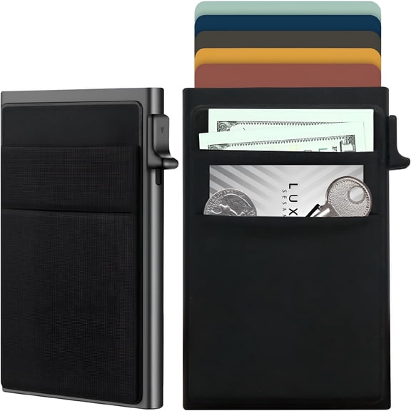 DESIGNICE Ultra-Slim Metal Wallet for Men - RFID Blocking Minimalist Pop Up Card Holder, Elastic Pocket for Cash and Coins Black