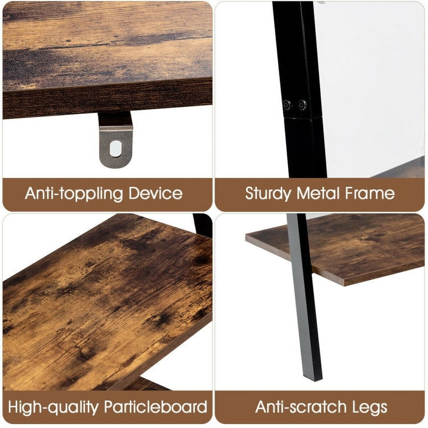 Demi Bonn 4-Tier Industrial Leaning Wall Bookshelf, Display Rack for Plants and Books, Brown