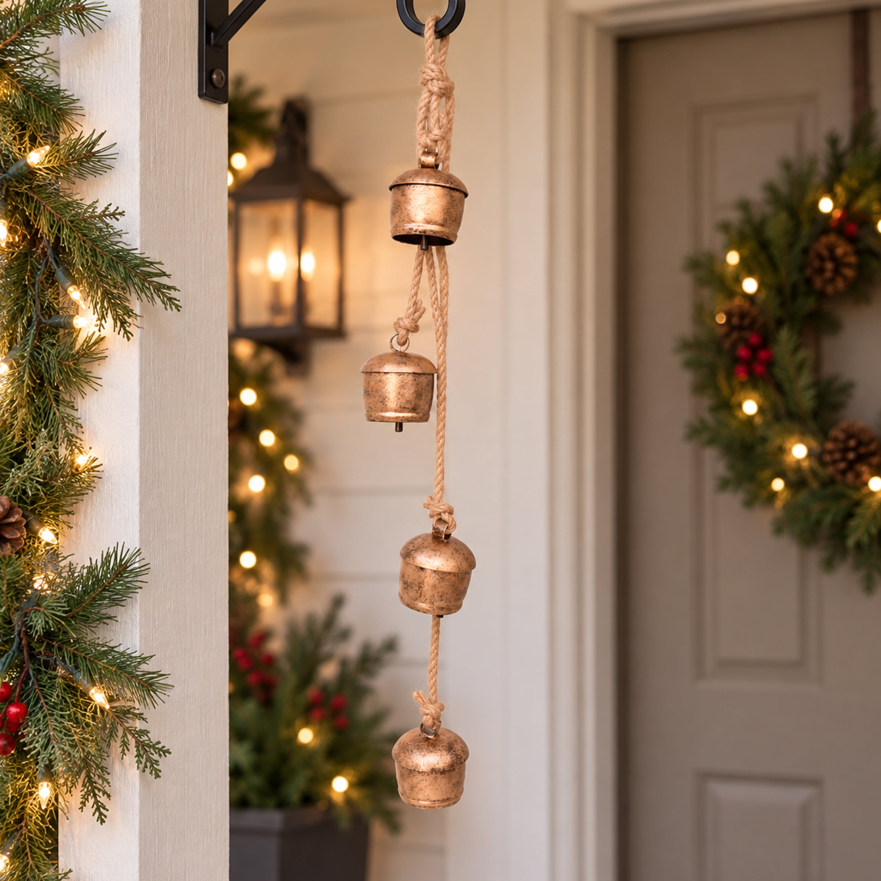 My Texas House 4-Pieces Metal Hanging Bells Antique Gold Finish with Jute Hanging, 22 inch