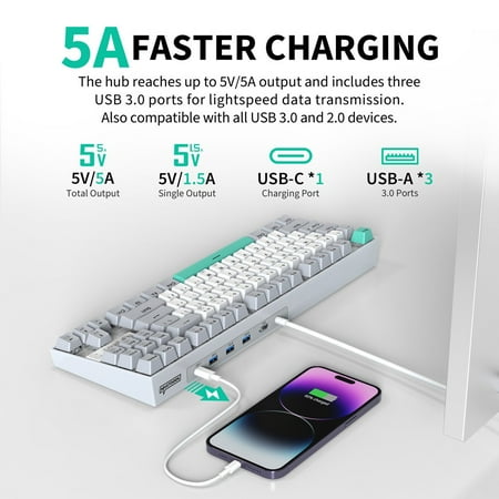 3inus - KEBOHUB EE01 Wired Mechanical Keyboard with 5-in-1 Hub, 87 Keys RGB Backlit, Hot-Swappable Switches for Mac & Windows - Brown Tactile