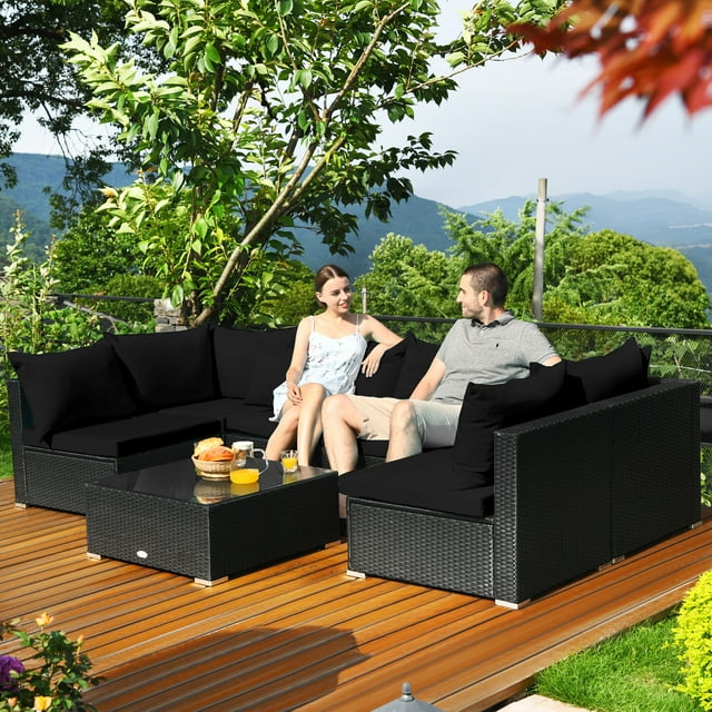 Costway Ensemble de Canapé en Rotin pour Patio 7 Pcs, Sectionnel, Ensemble de Mobilier de Conversation pour Jardin, Noir