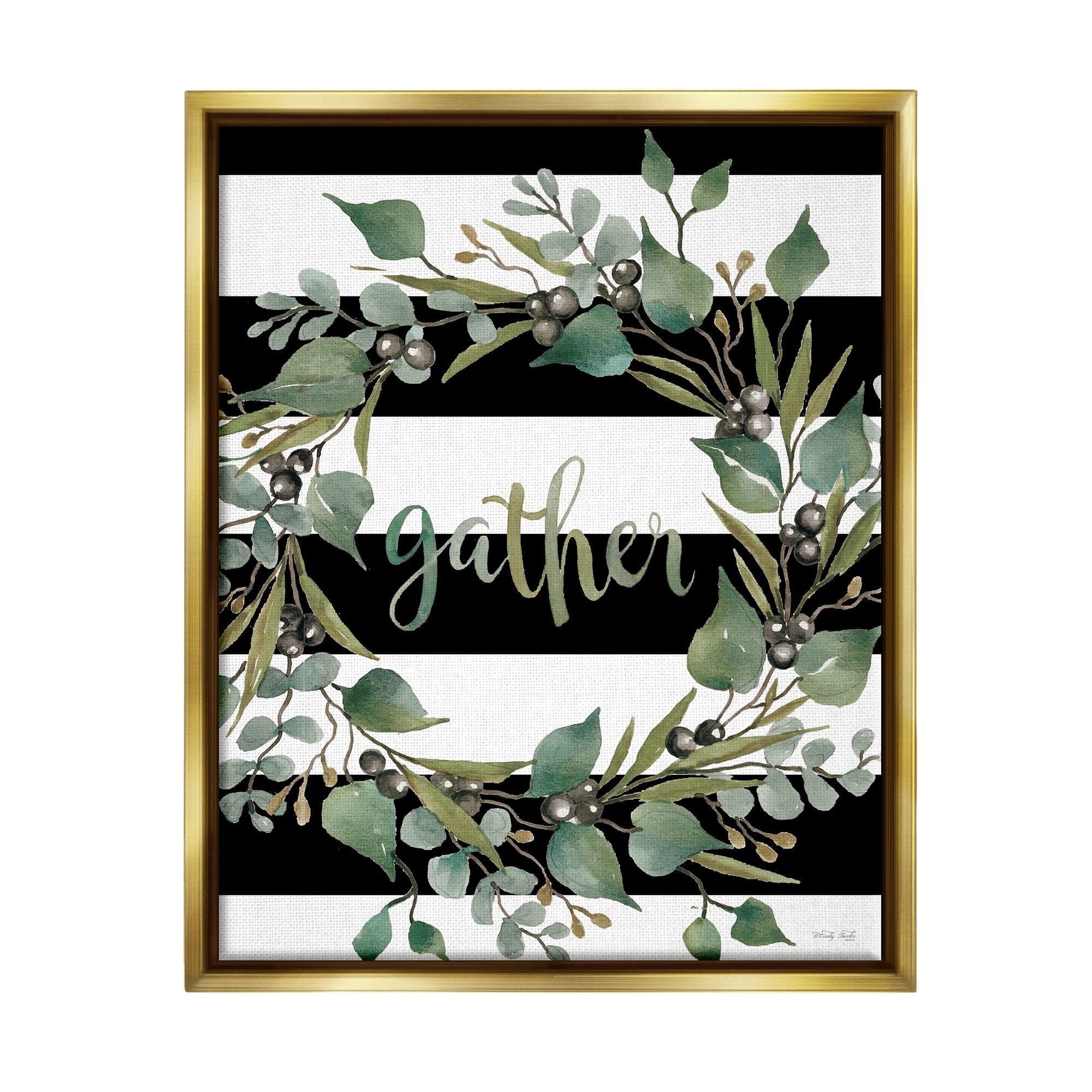 Stupell Industries Gather Calligraphy Stripes Pattern Wreath Botanicals Leaves Graphic Art Metallic Gold Floating Framed Canvas Print Wall Art, Design by Cindy Jacobs