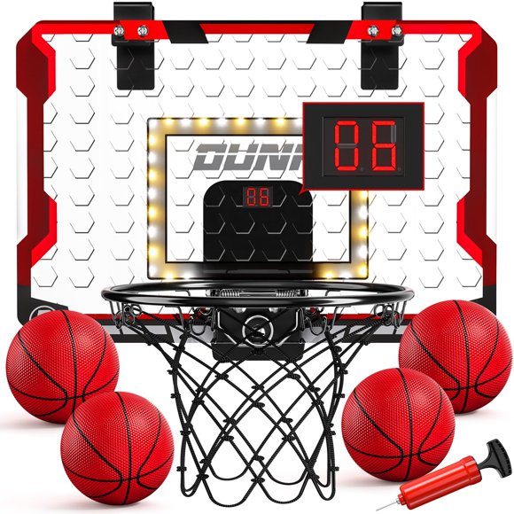 TEMI Basketball Hoop Indoor, LED Light Mini Basketball Hoop with 4 Balls & Electronic Scoreboard, Over The Door Basketball Hoop, Basketball Gifts for