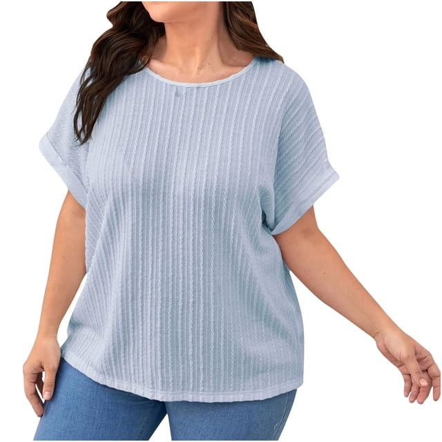 Hauts Grande Taille pour Femmes Col Rond Manches Courtes Tunique Chemise Unie Décontractée Ample Confortable Été Sortie Blouse Tees
