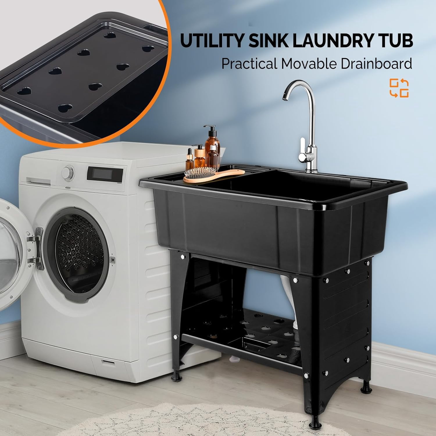HJTER 20-Gallon Utility Sink Laundry Tub for Washing Room, Freestanding Utility Sink with Stainless Steel Faucet, (Black, 32.3"W x 22.4" D x 49.6"H (Faucet included))