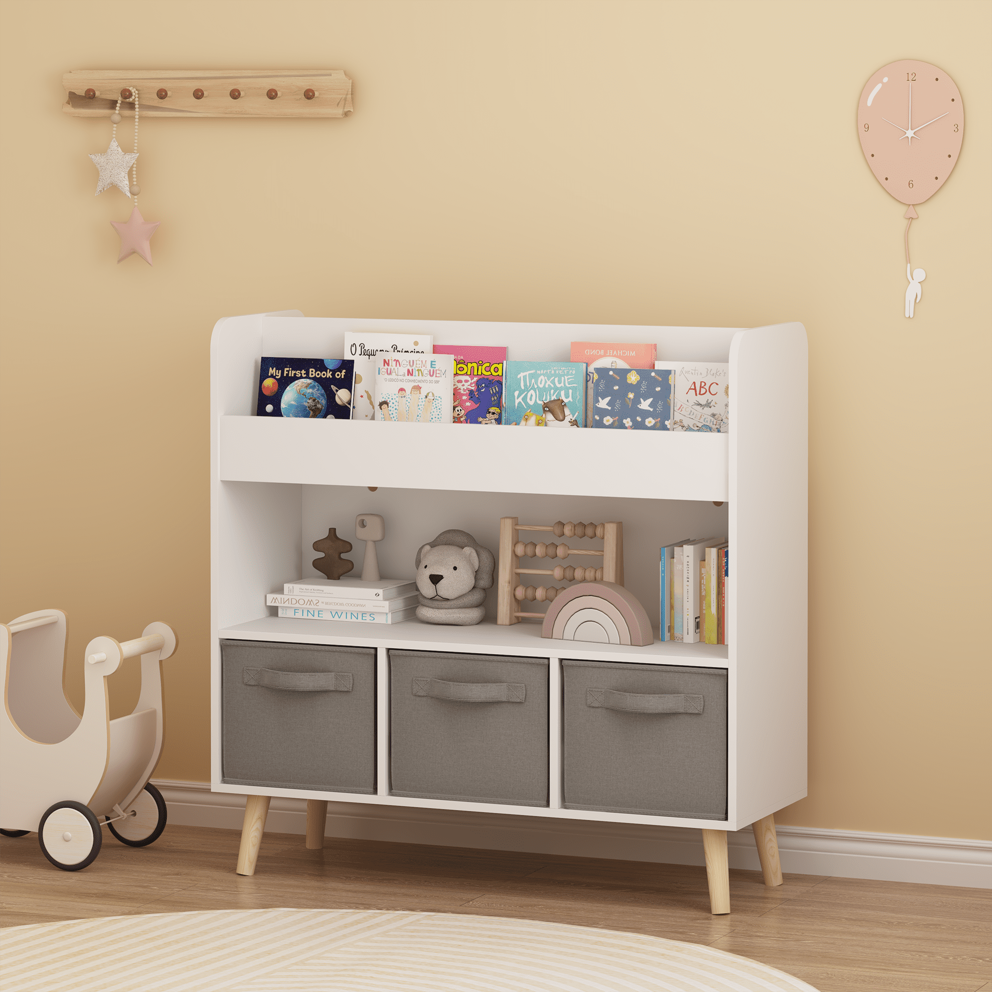 Kids Bookshelf with 3 Removable Fabric Bins, 4 Open Display Shelves, Wooden Toy & Book Organizer for Playroom Bedroom Nursery