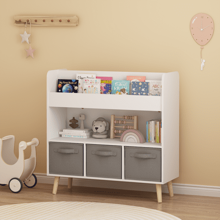 Kids Furniture Kids Bookshelf with 3 Fabric Bins Modern Children s Bookcase with Storage for Toys and Books Toddler Book Organizer Shelf for Playroom Bedroom or Nursery White and Gray Baby Nurse