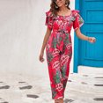 thumbnail image 5 of Usmixi Jumpsuits for Women Dressy Beach Vacation Elastic Waist off Shoulder Jumpsuits Overalls with Tie Summer Square Neck Short Sleeve Leaves Print Long Formal Rompers Red xxl, 5 of 6