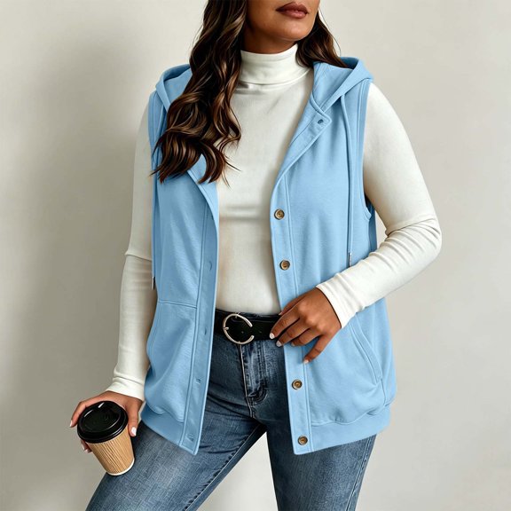 SSZMDLB Women Fall Winter Sleeveless Button Down Hooded Vest Plus Size Open Front Casual Solid Basic Layering Tops, Light Blue XL