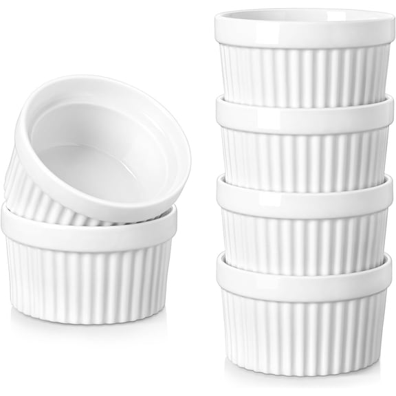6 oz Ramekins Set of 6, White Porcelain Creme Brulee Souffle Ramekins for Baking, Pudding Custard Cups, Dipping Sauces, Dishwasher and Oven Safe, White