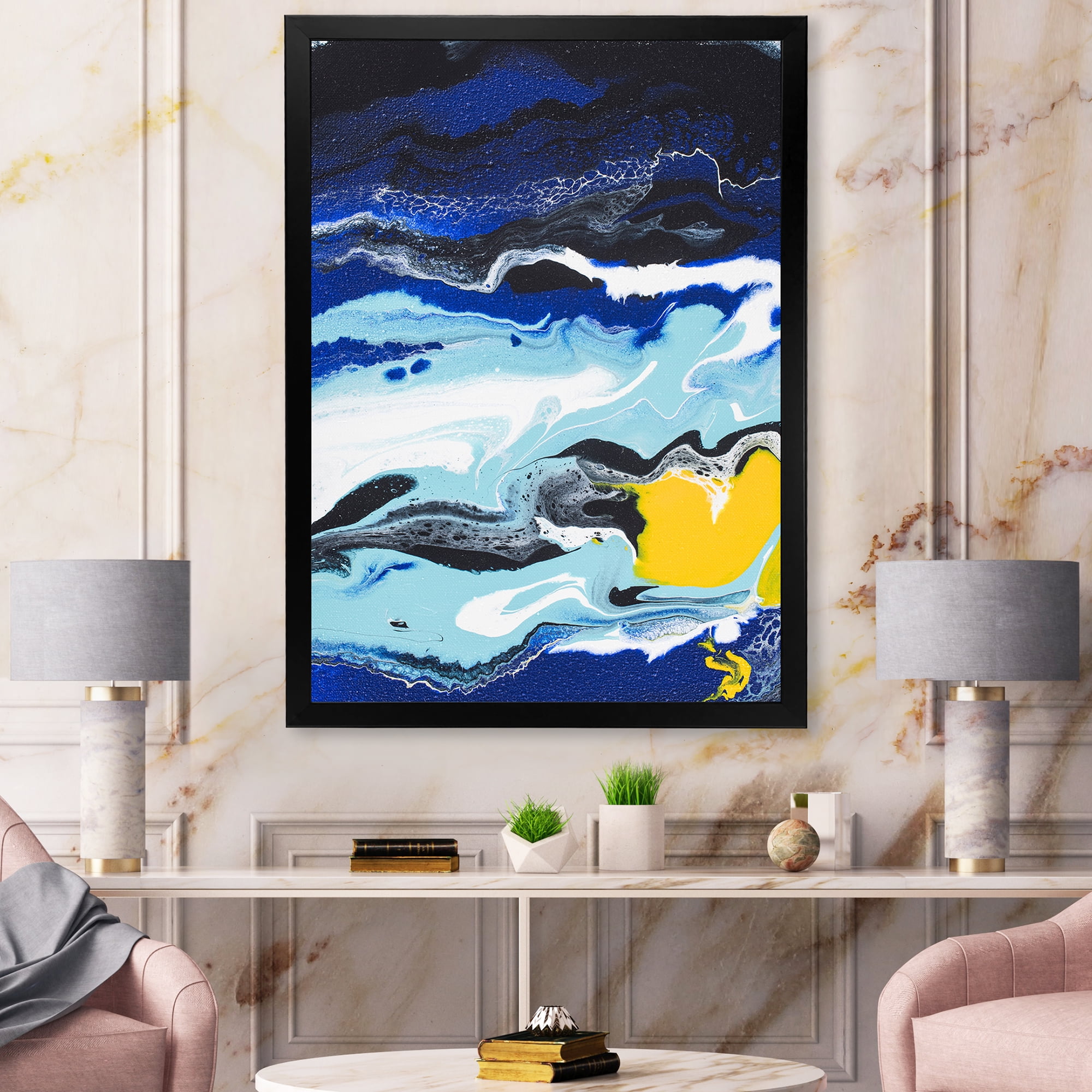Designart 'Abstract Composition In Blue and Yellow VIII' Modern Framed Art Print