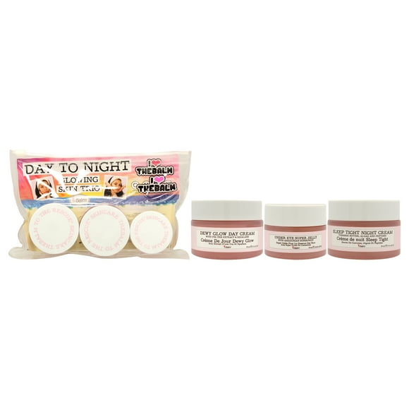 Trío de piel radiante de día a noche de The Balm para mujeres: 3 cremas de día con brillo intenso de 1 oz, supergel para contorno de ojos de 0.5 oz y crema de noche Sleep Tight de 1 oz.