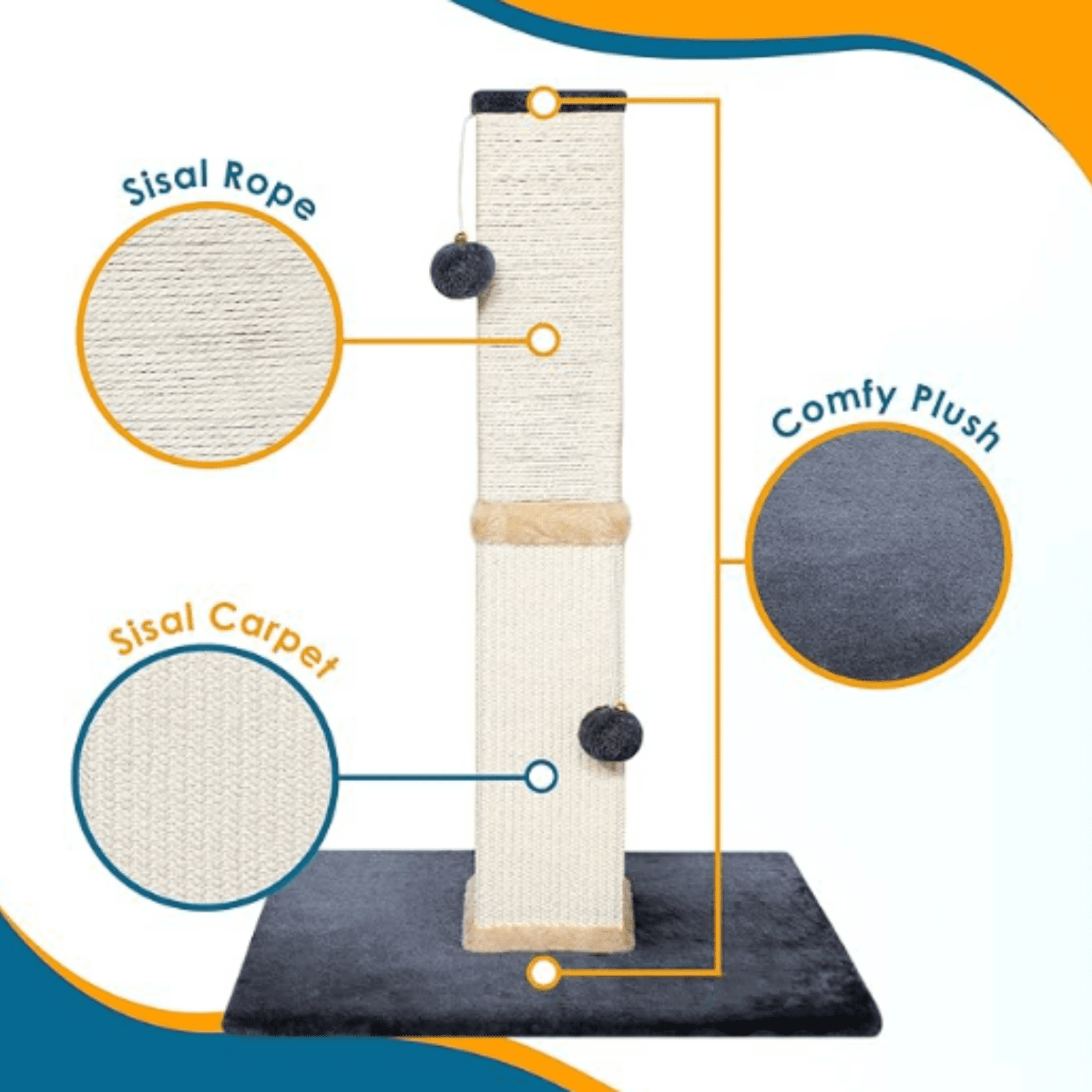 Cat Scratch Post Tower - 32” Tall Cat Scratching Post with Jingle Bells and P Balls - Sisal Cat Scratcher with Larger Base for Better Stability - Cat Scratching Posts for Indoor Cats