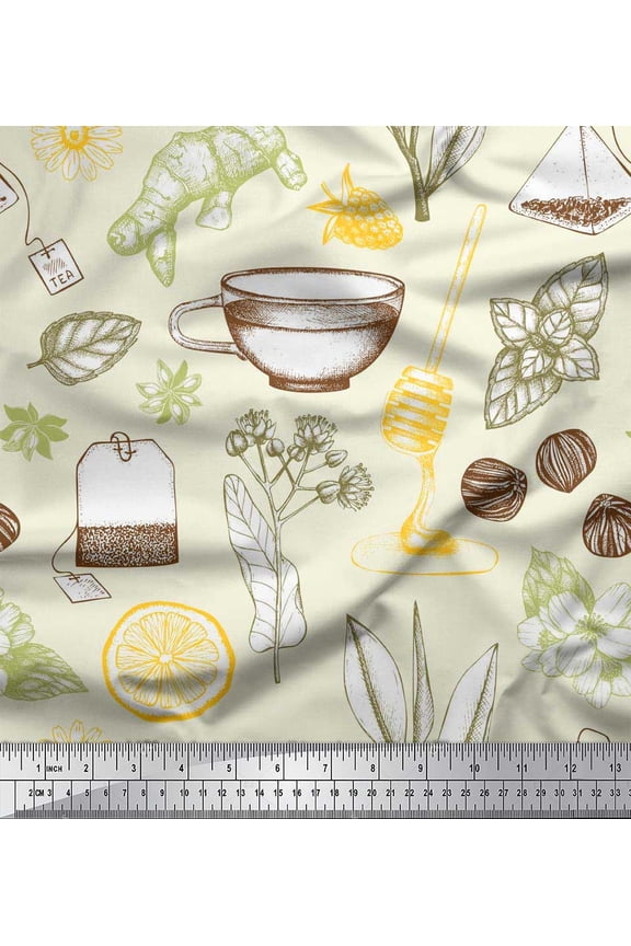 Rayon Fabric Tea Cup,Star Anise & Lemon Slice Vegetable Decor Fabric Printed Yard 42 Inch Wide