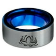 thumbnail image 2 of Tungsten Indian Lotus Nelumbo Nucifera Sacred Flower Band Ring 8mm Men Women Comfort Fit Blue Flat Cut Brushed Gray Polished, 2 of 4