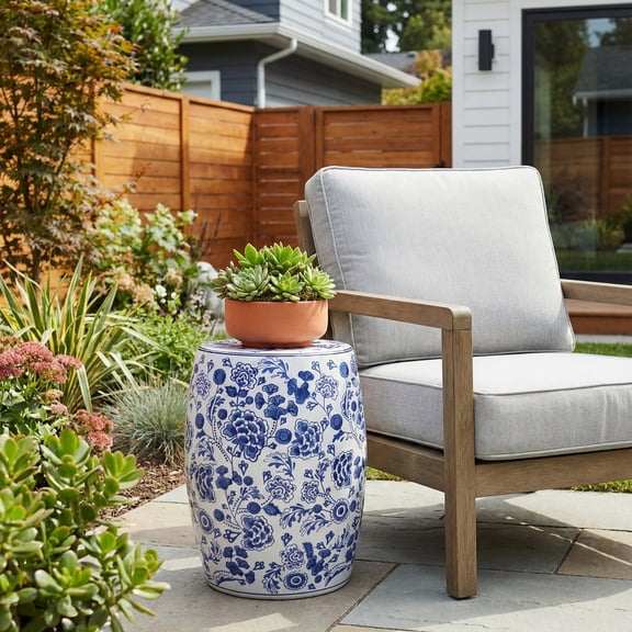 Decorative Chinoiserie Stool for Outdoor Side Table - Ceramic Hydrangea Floral Pattern for Indoor Garden and Patio Area - Home Decor Accent Stool for Plant Stand Display - 18", Blue & White