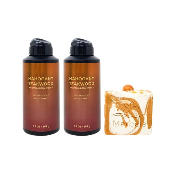 Bath & Body Works The Men's Collection Mahogany Teakwood 2 Body Sprays with a Peach Gardenia Bar Soap