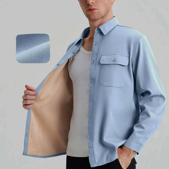 SYMOID Mens Blue Cotton Fleece Lined Shacket - Button Down, Long Sleeve with Chest Pocket for Casual/Office/Layering (M-XXXXL),Size 4XL