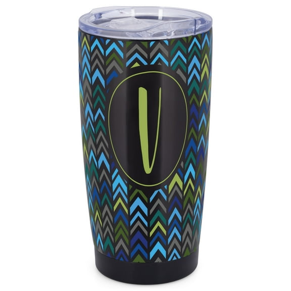 Elanze Designs V Monogram Herringbone Arrows Wrap-Around Design 20 Ounce Stainless Steel On-The-Go Coffee Mug, Thermal Travel Tumbler with Leak Resistant Slide Lid, Sleek Black