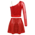 thumbnail image 2 of TTAO Kids Girls Hip Hop Jazz Latin Dance Outfit Sparkly One Shoulder Gymnastics Crop Top with Skirt Set Red 12, 2 of 3