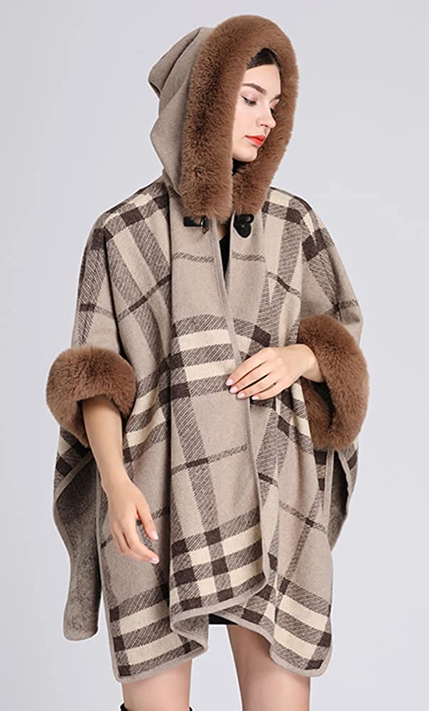 PIKADINGNIS Women's Faux Fur Trim Hood Poncho Faux Rabbit Fur Cape Wrap Shawl Coat Cardigan - image 3 of 5